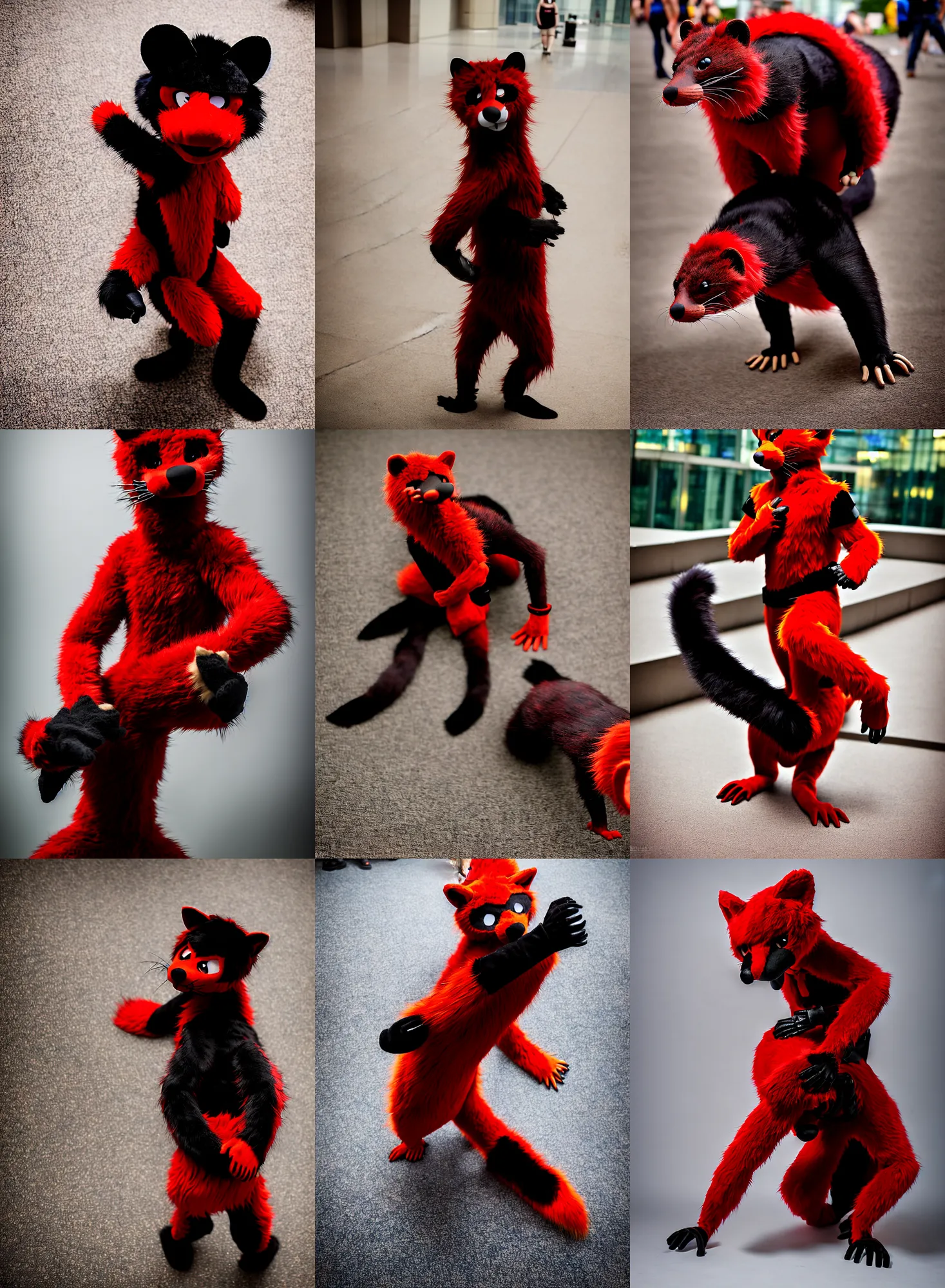 Image similar to fullbody photoshoot photo portrait of a roguish male red - black furred weasel furry fursuiter ( tail attached ), taken at anthrocon ( furry convention )