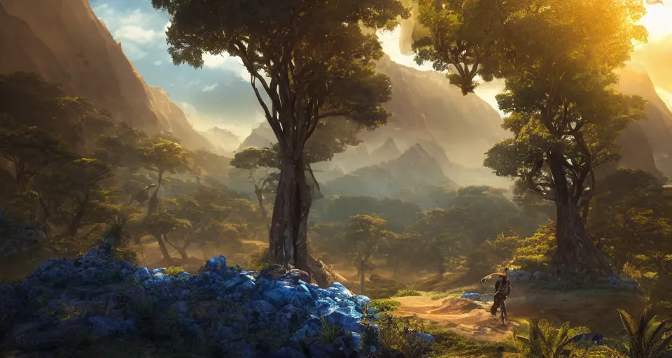 Prompt: An epic fantasy anime style landscape painting of an African mountain range, with a kenyan Mountainbiker and a blue umbrella, unreal 5, DAZ, hyperrealistic, octane render, dynamic lighting