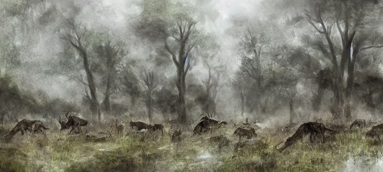 Image similar to prehistorical landscape, heavy rain, crowd of predator hunting prey, photorealistic, digital painting