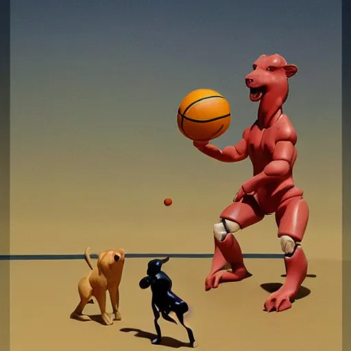 Image similar to action figure animals playing basketball, by kawase hasui, Edward Hopper and James Gilleard, Zdzislaw Beksinski, Steven Outram colorful flat surreal design, hd, 8k, artstation