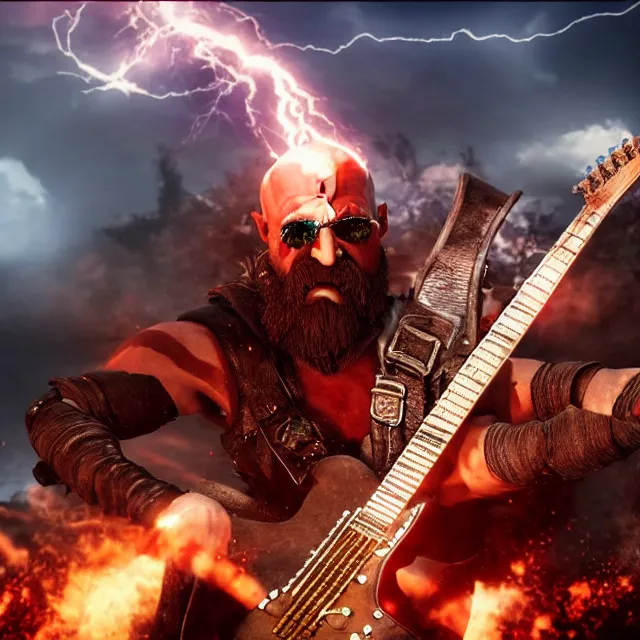 Prompt: sunglasses wearing kratos rocking out on a erupting stratocaster guitar, cinematic render, god of war 2 0 1 8, playstation studios official media, sunglasses, lightning