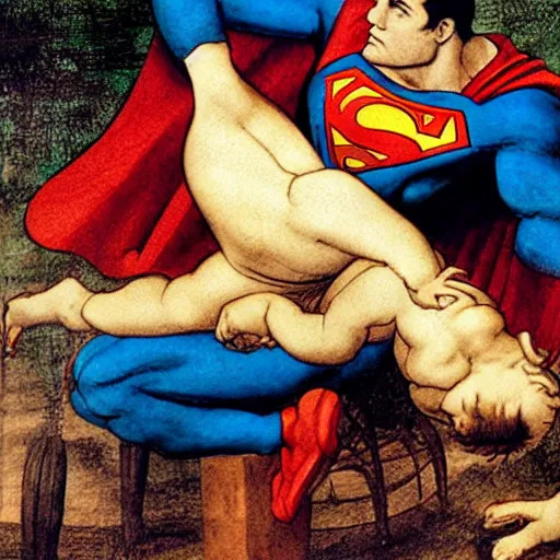 Prompt: superman sleeping in a playground, painting by leonardo da vinci, highly detailed