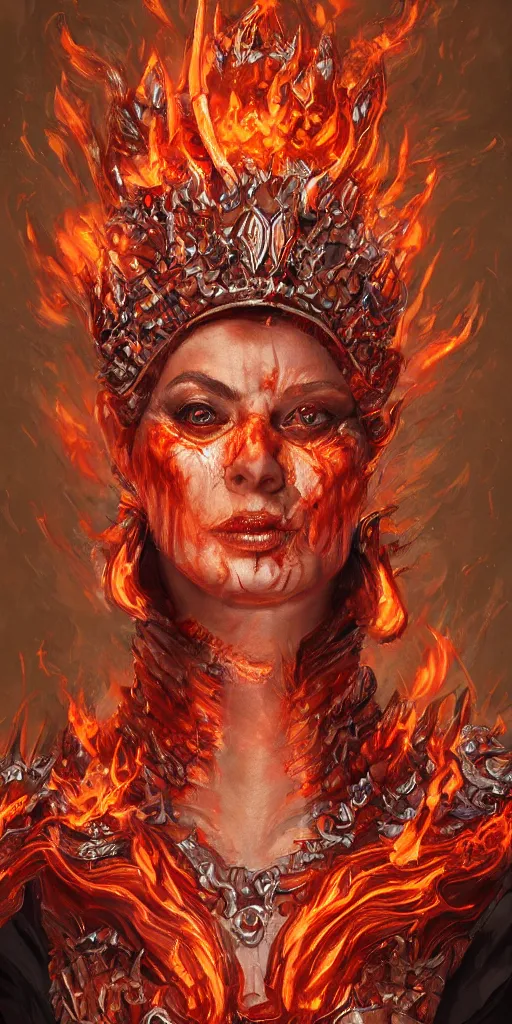 Image similar to Fantasy character portrait of distorted detailed painting of a queen woman made of fire, hyper detailed, red flames, trending on Artstation