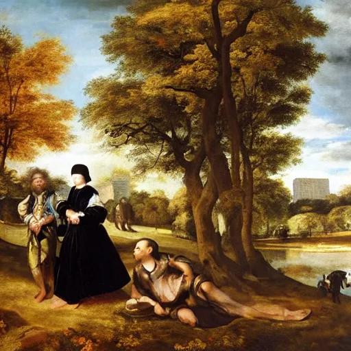 Image similar to a couple walking in central park wearing fine clothes surrounded by vegetation on fall. fine art, oil on canvas baroque style 1 6 5 6 by diego velasquez.