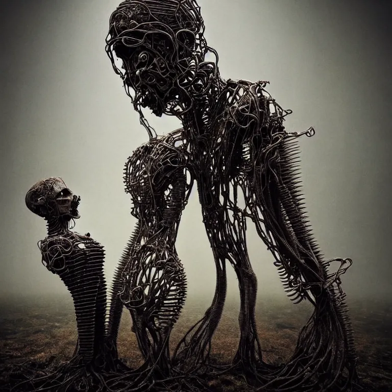 Image similar to portrait of abandoned ribbed organic biomechanical sculpture of two kissing cyborgs, covered with wires, spines, roots, ash, mold, meat, baroque painting, standing in a desolate empty wasteland, creepy, nightmare, dream-like heavy atmosphere, dark fog, surreal abandoned buildings, baroque painting, beautiful detailed intricate insanely detailed octane render trending on Artstation, 8K artistic photography, photorealistic, volumetric cinematic light, chiaroscuro, zoomed out, Raphael, Caravaggio, Beksinski, Giger