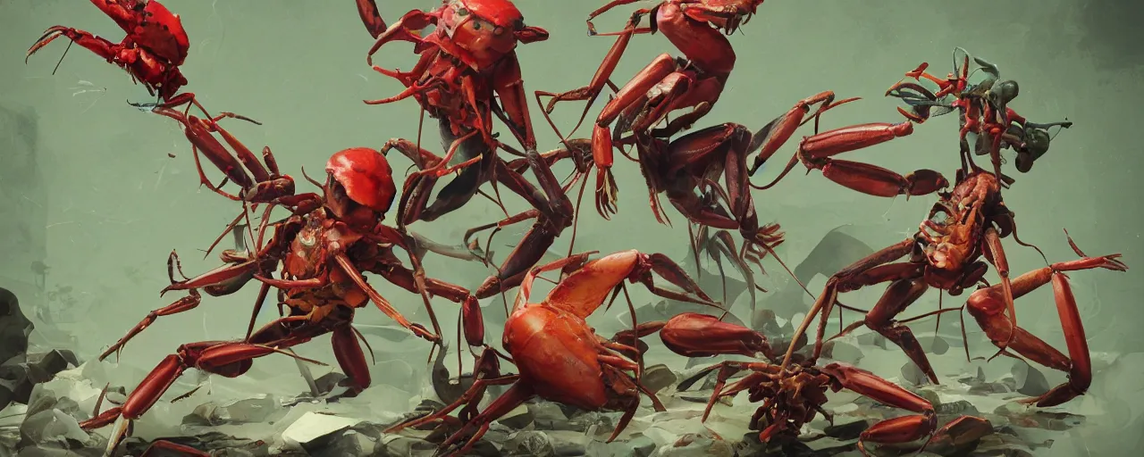 Image similar to duotone olive green crab crimson illustration 3 / 4 portrait of gollum kun fu fighting with giant shrimps dynamic chaotic composition accidental renaissance golden ratio. by sachin teng and sergey kolesov and ruan jia and heng z. graffiti art, scifi, fantasy, hyper detailed. octane render. concept art. trending on artstation