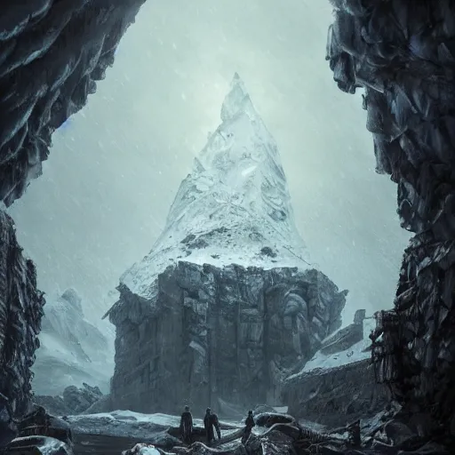 Image similar to at the mountains of madness, strange ruins, antarctic mountains, painted by seb mckinnon, high detail, dramatic light, antarctic mountains, digital art, painted by greg rutkowski, promotional movie posterart, trending on artstation