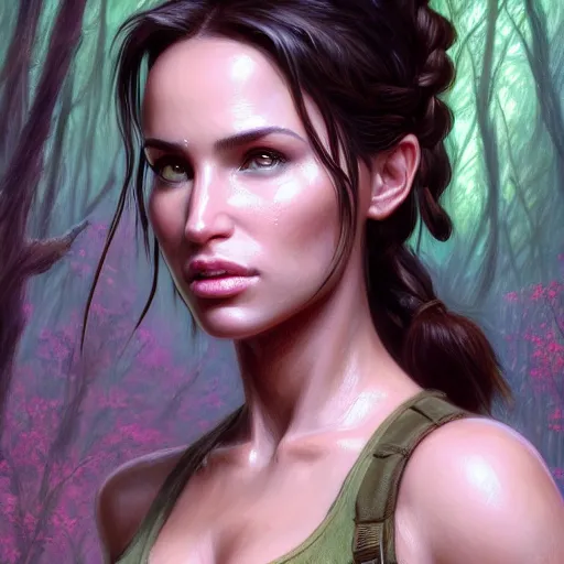 Prompt: portrait of Lara Croft, Tomb Raider, brown eyes, face, fantasy, intricate, elegant, in pink forest, green mist, highly detailed, digital painting, trending on artstation, concept art, smooth, sharp focus, illustration, art by artgerm and greg rutkowski and alphonse mucha, unreal engine, 4k, 8k