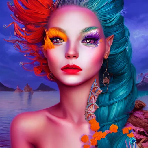 Image similar to a beautiful stunning interesting detailed fantasy whimsical matte digital portrait illustration of a mermaid with turqoise hair, yellow-orange and red-violet sunset, spectacular sunset, a painting by Ross Tran, trending on artstation hq, contest winner