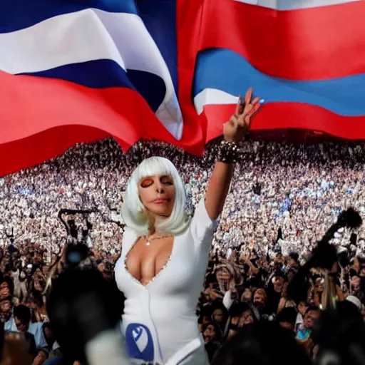 Image similar to Lady Gaga as president, Argentina presidential rally, Argentine flags behind, bokeh, giving a speech, detailed face, Argentina