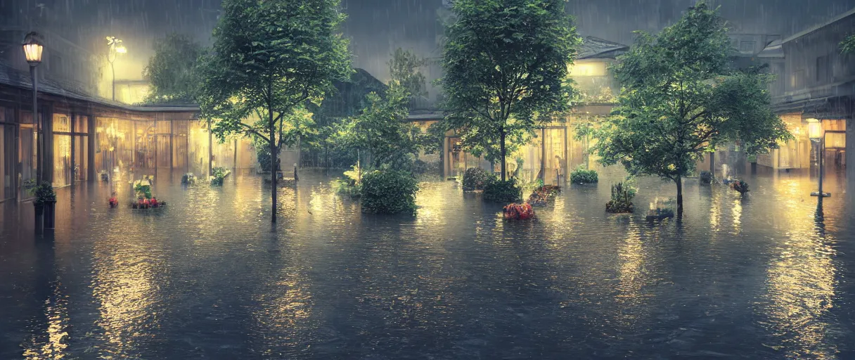 Image similar to raining at night at flooded miniature city, emotion is on the rise on the town, cute style garden, octane render, trees, evergreen, patio, garden, wet atmosphere, tender, soft light misty yoshitaka amano, and artgerm