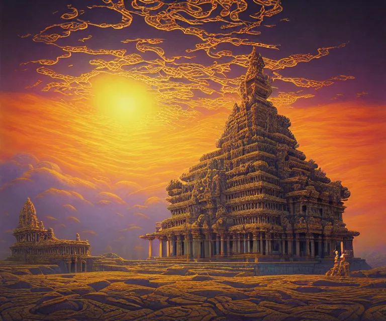 Image similar to hyper detailed 3d render like a Oil painting - ornate temple of the sun, dramatic sky in background, radiant, by Jacek Yerka, Mariusz Lewandowski, Houdini algorithmic generative render, Abstract brush strokes, Masterpiece, Edward Hopper and James Gilleard, Zdzislaw Beksinski, Mark Ryden, Wolfgang Lettl, hints of Yayoi Kasuma, octane render, 8k