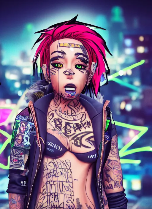 Image similar to graffiti of a streetwear anime style mixed woman wearing thick mascara, crying, a city on fire in the background, police lights shine on her face, tattoos, dark glitter, Cinestill 50d, 4k, 8k, hd, full color, octane render, trending on artstation, highly detailed