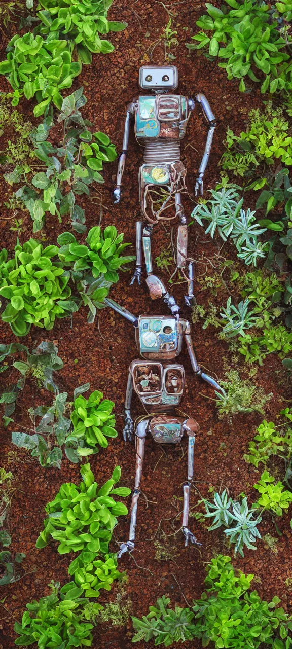 Image similar to award winning photo of robot body rusty and filled with plants, stunning, 4 k, detailed, top - down, realistic