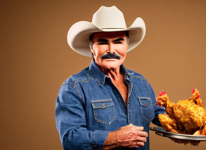 Image similar to studio portrait photo still of burt reynolds wearing a cowboy hat holding a bucket of chicken, 8 k, 8 5 mm f 1. 8, studio lighting, rim light, right side key light