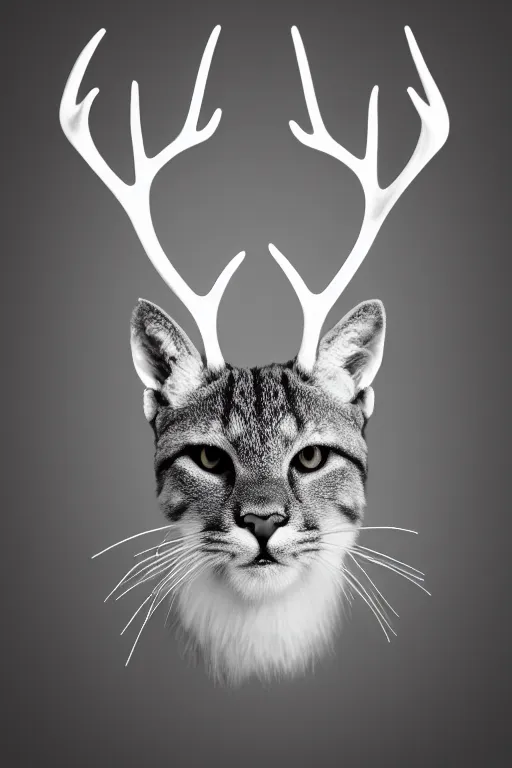 Image similar to geometric cat head with majestic low polygon deer antlers, award winning portrait shot, 4k studio lighting, bokeh, glowing whiskers , black and white, white highlights on antlers, bright white neon eyes