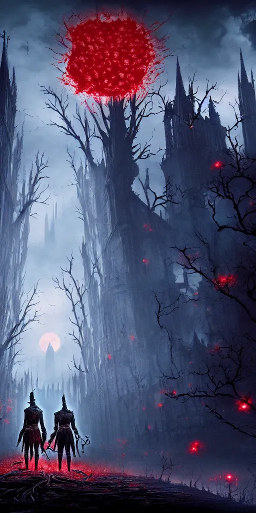 Image similar to abandoned bloodborne old valley with a person at the centre and a ruined gothic city at the end, trees and stars in the background, falling red petals, epic red - orange moonlight, perfect lightning, wallpaper illustration by niko delort and kentaro miura, 4 k, ultra realistic