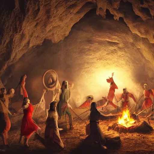 Prompt: medieval people dancing in a cave, there are many many minerals and crystals on the ground and a campfire, matte painting, 4k, very detailed