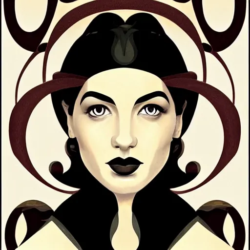 Image similar to an art nouveau, ( streamline moderne ), multi - racial portrait in the style of magali villenueve. very large, clear, expressive, and intelligent eyes. centered, ultrasharp focus, dramatic lighting, photorealistic digital matte painting, intricate symmetrical ultra detailed background.