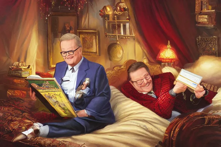 Prompt: portrait of rod roddy reading a bedtime story to bob barker in bed, an oil painting by ross tran and thomas kincade