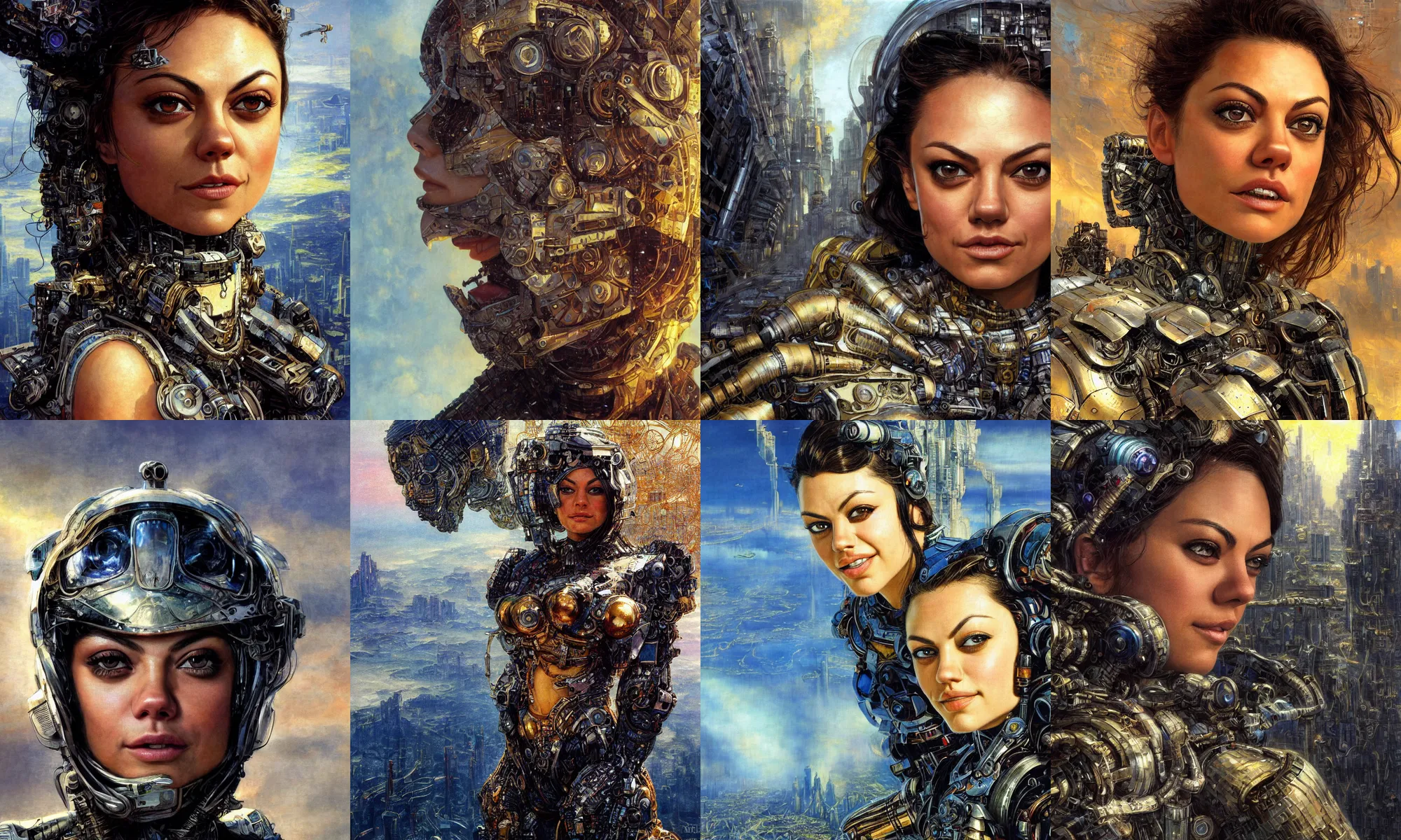 Image similar to close - up portrait of epic mila kunis smiling into camera, intricate cyborg armor, vista of futuristic city, windy, golden hour, wlop, by gerald brom, by mikhail vrubel, by peter elson, muted colors, extreme detail, trending on artstation