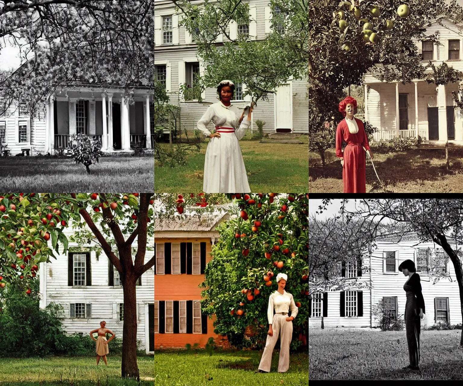 Prompt: retro vintage, slave by apple tree, colonial house in background