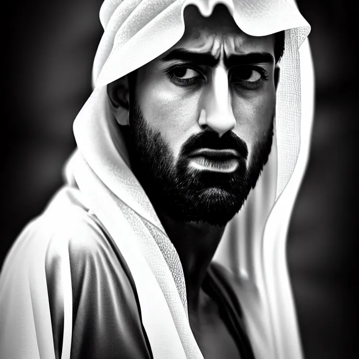 Image similar to cinematic bust portrait, sheikh, sultan, emir, head and chest only, dramatic pose, contemporary, masterpiece, cinematic composition, dramatic pose, beautiful lighting, sharp, details, hyper - detailed, hd, 4 k