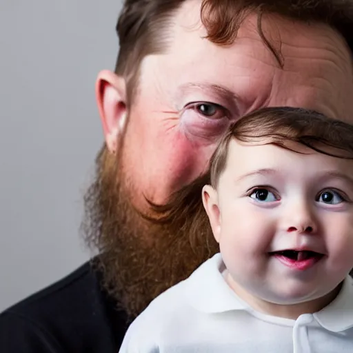 Image similar to toddler elon musk with long mustache and epic beard, 5 0 mm, studio lighting