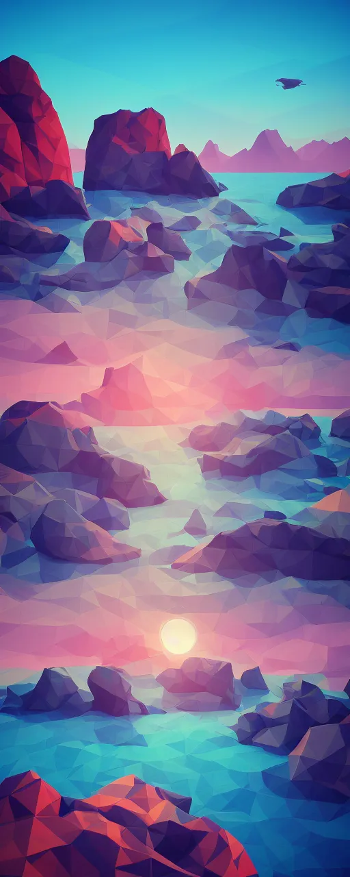 Image similar to super detailed color lowpoly art, northern sunset with rocks on front, monochrome water bay in the middle of perspective and mountains at background, graphic fishing vessels in random points, unreal engine, retrowave color palette, 3 d render, lowpoly, colorful, digital art, perspective