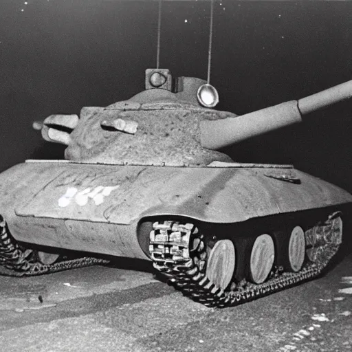 Prompt: old picture of a very fat cat disguised as a Soviet tank, striking a German outpost at night