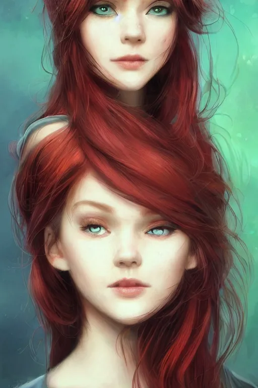 Image similar to beautiful cute red haired joyful and playful nineteen year old maiden standing up in casual green clothing, long hair, attractive face, modern city, comic book, rpg character, sci - fi, intricate, elegant, digital painting, artstation, concept art, smooth, 8 k frostbite 3 engine, ultra detailed, art by artgerm, greg rutkowski, magali villeneuve