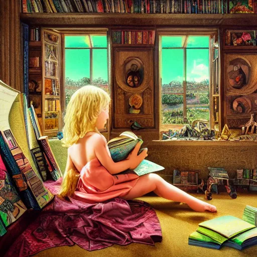 Prompt: photorealistic illustration of a beautiful child reading books, beautifully portrayed inside a futuristic maximalist hyperdetailed room. in the style of Caravaggio, Michelangelo, Paul Gauguin, Modigliani, with flemish baroque vibrant shiny maximalist mixed media 3d textures in soft pastel tones. matte background. HD HD HDR high res 8x sharp