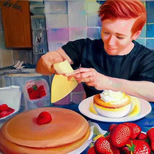 Prompt: painting of redhead boyfriend making strawberry shortcake topped with whipped cream