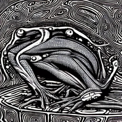 Image similar to eldritch frog abomination of unimaginable horror by h. r. giger and junji ito, speculative evolution, op art with big bold patterns