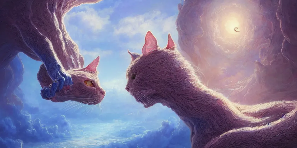 Prompt: A realistic painting of The Creation Cat and its Palace on blue flowers, in the style of Krenz Cushart, Moebius, and Muchain, Prismatic, Rococo, highly detailed, masterpiece, dreamy, award-winning, sharp focus, concept art, Cinema lighting, 8k, trending on artstation