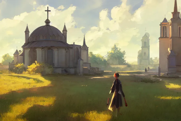 Image similar to a tank with a church as tower, scene in an open field. key visual, conceptart, ambient lighting, highly detailed, digital painting, artstation, concept art, sharp focus, by makoto shinkai and akihiko yoshida and greg manchess