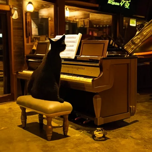 Image similar to a cat playing piano in a bar, at night