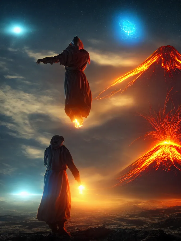 Prompt: levitating cybertronic wizard, opening a shining portal, night sky, horizon of an erupting volcano, 4 k, ultra realistic, detailed, epic lighting, high detail, masterpiece, trending on artstation