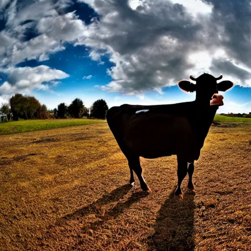 Prompt: a cow, surrounded by a ring of fire, on a sunny day, fisheye lens