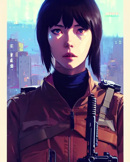 Image similar to girl wearing in tactical gear | | audrey plaza, fine detail!! anime!! realistic shaded lighting!! dramatic!! poster by ilya kuvshinov katsuhiro otomo ghost - in - the - shell, magali villeneuve, artgerm, jeremy lipkin and michael garmash and rob rey