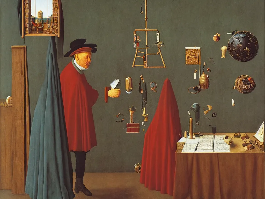 Image similar to obituary for an alchemist. painting by jan van eyck, rene magritte