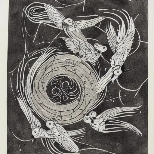 Image similar to an opened spiral with three flying birds, representing liberty, ink, black watercolour