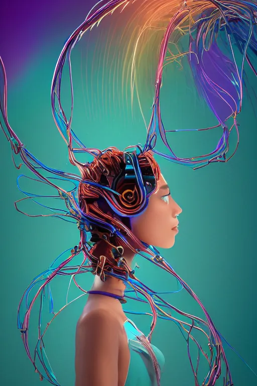 Prompt: epic 3 d abstract 🇵🇷 headset hacker, spinning hands and feet, 2 0 mm, plum and teal peanut butter melting smoothly into asymmetrical swirling wires plugged into bromeliads, thick wires, liquid cooling, beautiful code, houdini sidefx, trending on artstation, by jeremy mann, ilya kuvshinov, jamie hewlett and ayami kojima