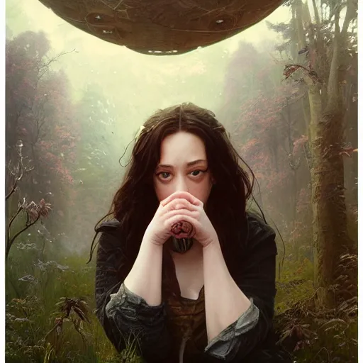 Image similar to Hyper realistic detailed portrait of Kat Dennings, Stephen Bliss, unreal engine, fantasy art by Greg Rutkowski, Loish, Rhads, ferdinand knab, Makoto Shinkai and Lois van baarle, ilya kuvshinov, rossdraws, Tom Bagshaw, alphonse mucha, global illumination, radiant light, detailed and intricate environment, highly detailed, award winning art