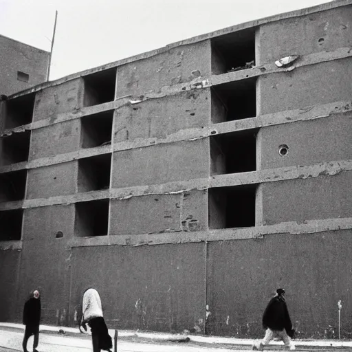 Image similar to brutalist buildings, rundown buildings, orwellian dystopia, totalitarian murals on building walls, hooligans with shaggy hair and blue suits, 1 9 7 1 cinematic, 8 mm photo lens, kodak