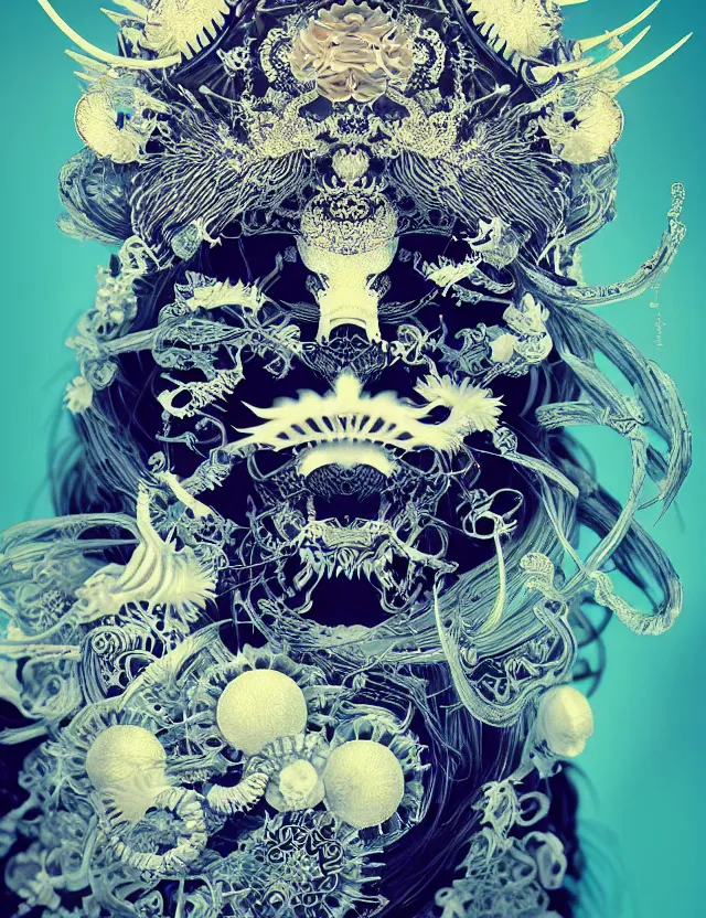 Image similar to goddess macro close - up portrait wigh crown made of ram skull. beautiful intricately detailed japanese crow kitsune mask and clasical japanese kimono. betta fish, jellyfish phoenix, bioluminiscent, plasma, ice, water, wind, creature, super intricate ornaments artwork by tooth wu and wlop and beeple and greg rutkowski