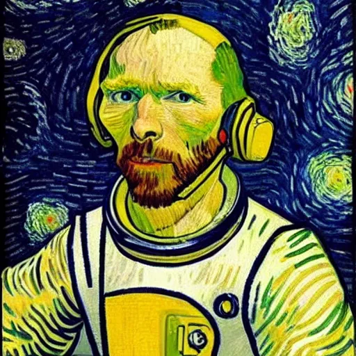 Image similar to portrait of astronaut, starry night in background, by van gogh