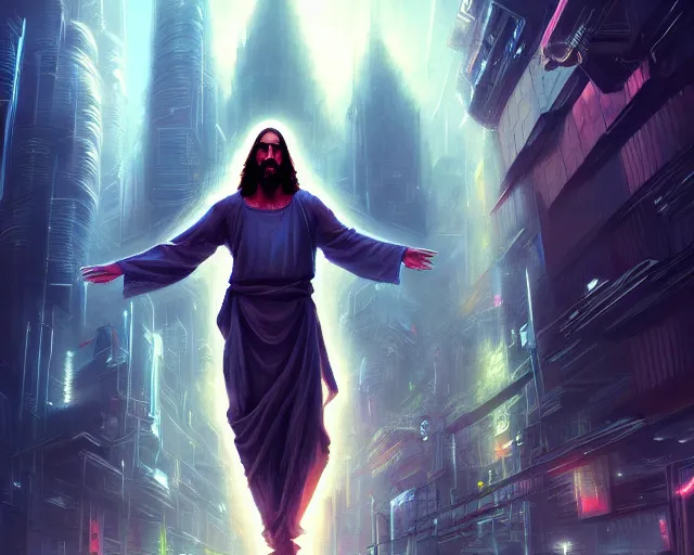 Prompt: jesus christ in futuristic city, detailed intricate illustration, dark atmosphere, detailed illustration, hd, 4 k, digital art, overdetailed art, by greg rutkowski, by loish, complementing colors, trending on artstation, deviantart