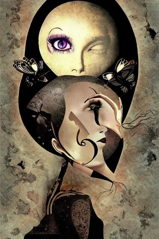 Image similar to Collage art combines a beautiful woman with a symmetrical face with a moon, cat and heart, surreal, beautiful,steampunk style dave mckean , beautiful and creepy , silkscreen, textures, perfect geometry , epic composition, golden ratio, high quality printing