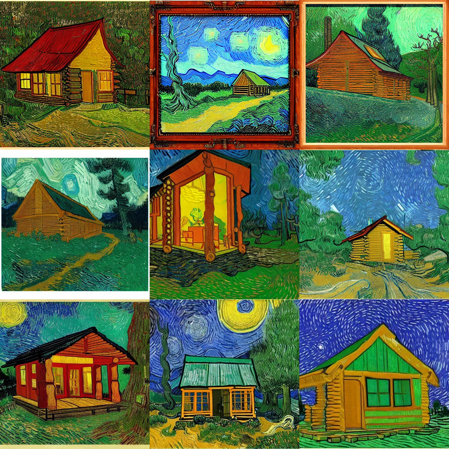 Prompt: [ a log cabin in the forest ] [ van gogh ] [ electronic ]
